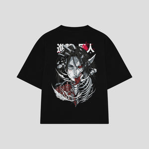 Playera streetwear premium de anime y gaming ExtraLife MX, corte boxy oversized drop shoulder heavyweight en color Deep Black y Off-White, moda urbana mexicana de culto.