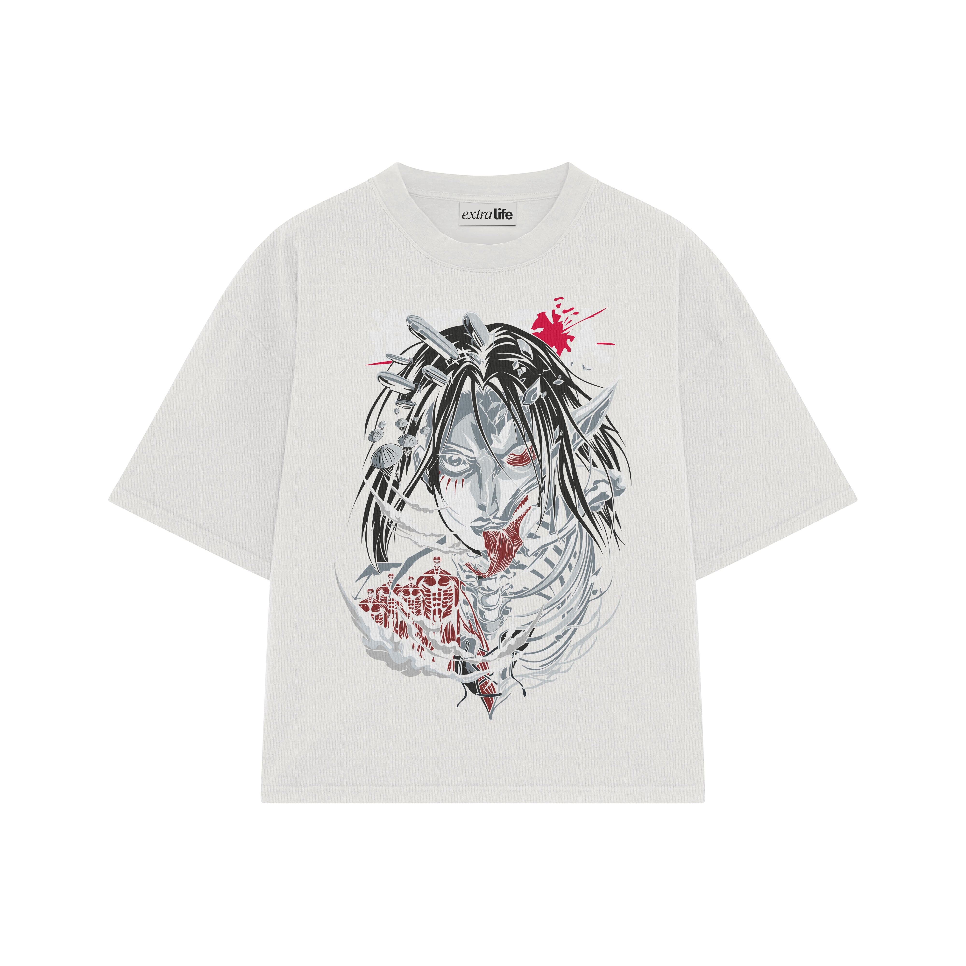 Playera streetwear premium de anime y gaming ExtraLife MX, corte boxy oversized drop shoulder heavyweight en color Deep Black y Off-White, moda urbana mexicana de culto.