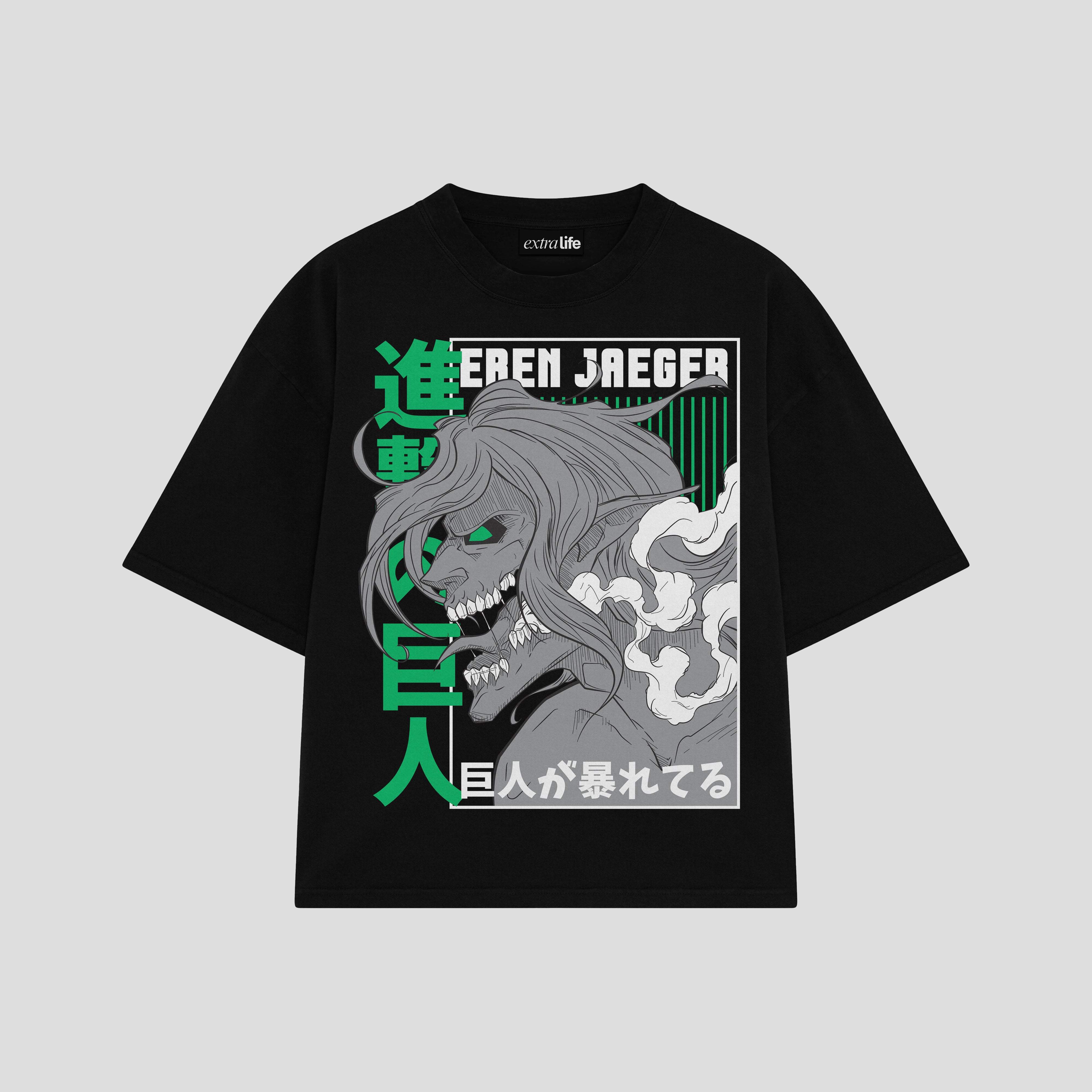 Playera streetwear premium de anime y gaming ExtraLife MX, corte boxy oversized drop shoulder heavyweight en color Deep Black y Off-White, moda urbana mexicana de culto.