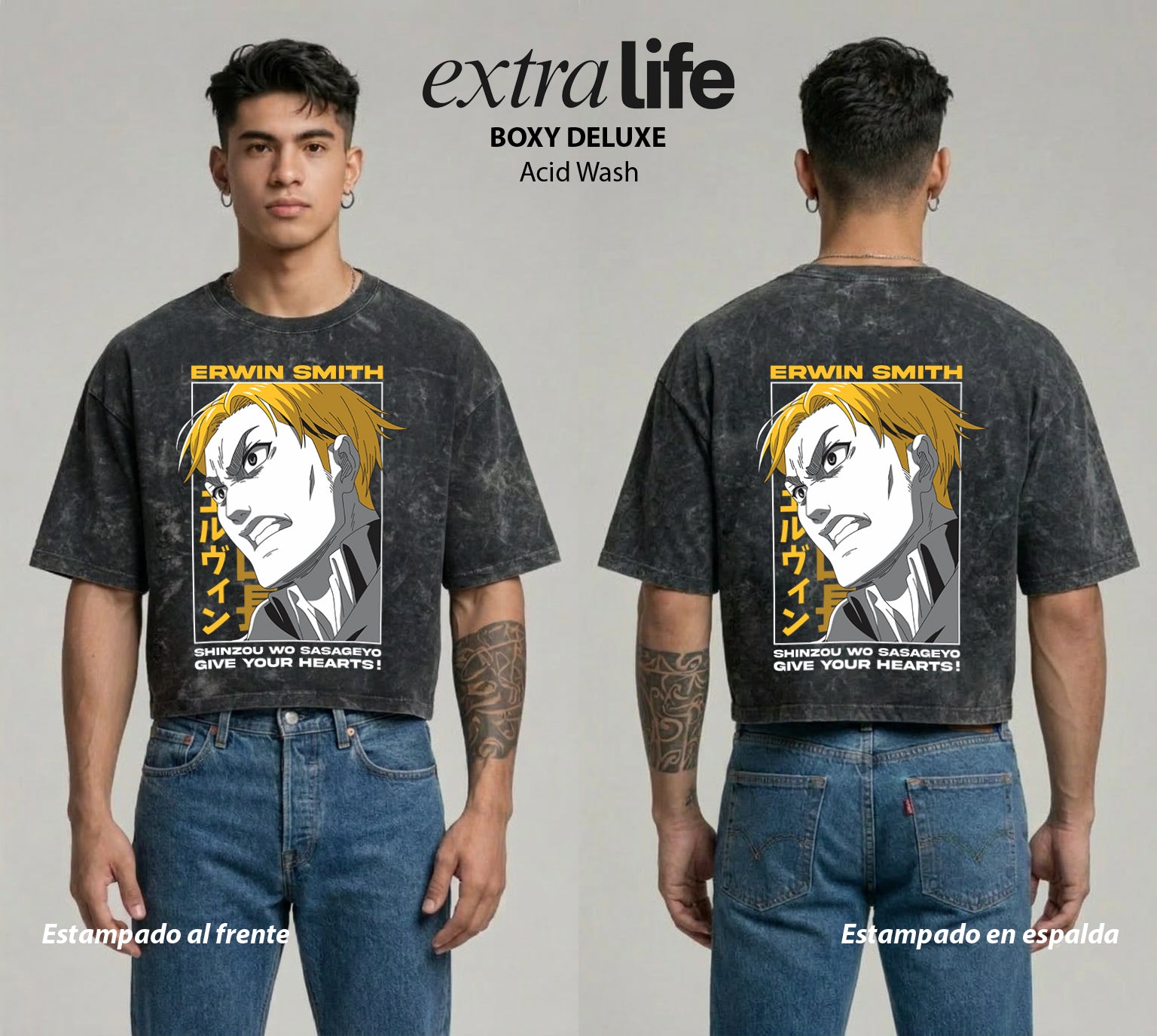 Playera streetwear premium de anime y gaming ExtraLife MX, corte boxy deluxe mineral wash heavyweight en color Acid Wash, moda urbana mexicana de culto.