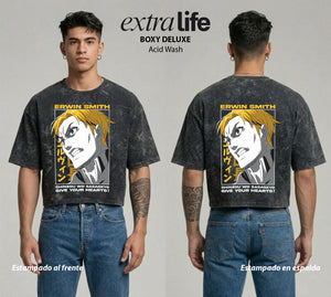 Playera streetwear premium de anime y gaming ExtraLife MX, corte boxy deluxe mineral wash heavyweight en color Acid Wash, moda urbana mexicana de culto.