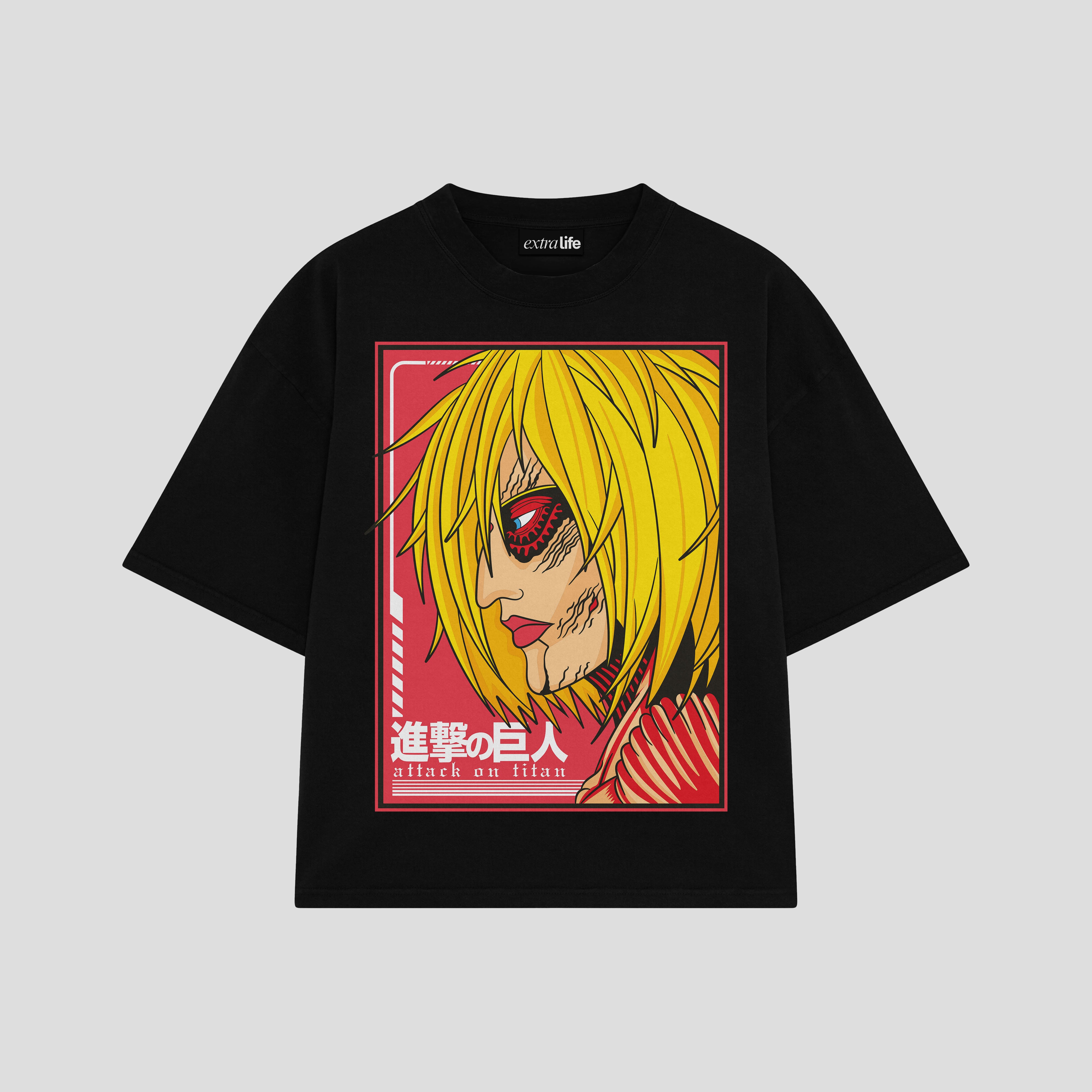 Playera streetwear premium de anime y gaming ExtraLife MX, corte boxy oversized drop shoulder heavyweight en color Deep Black y Off-White, moda urbana mexicana de culto.