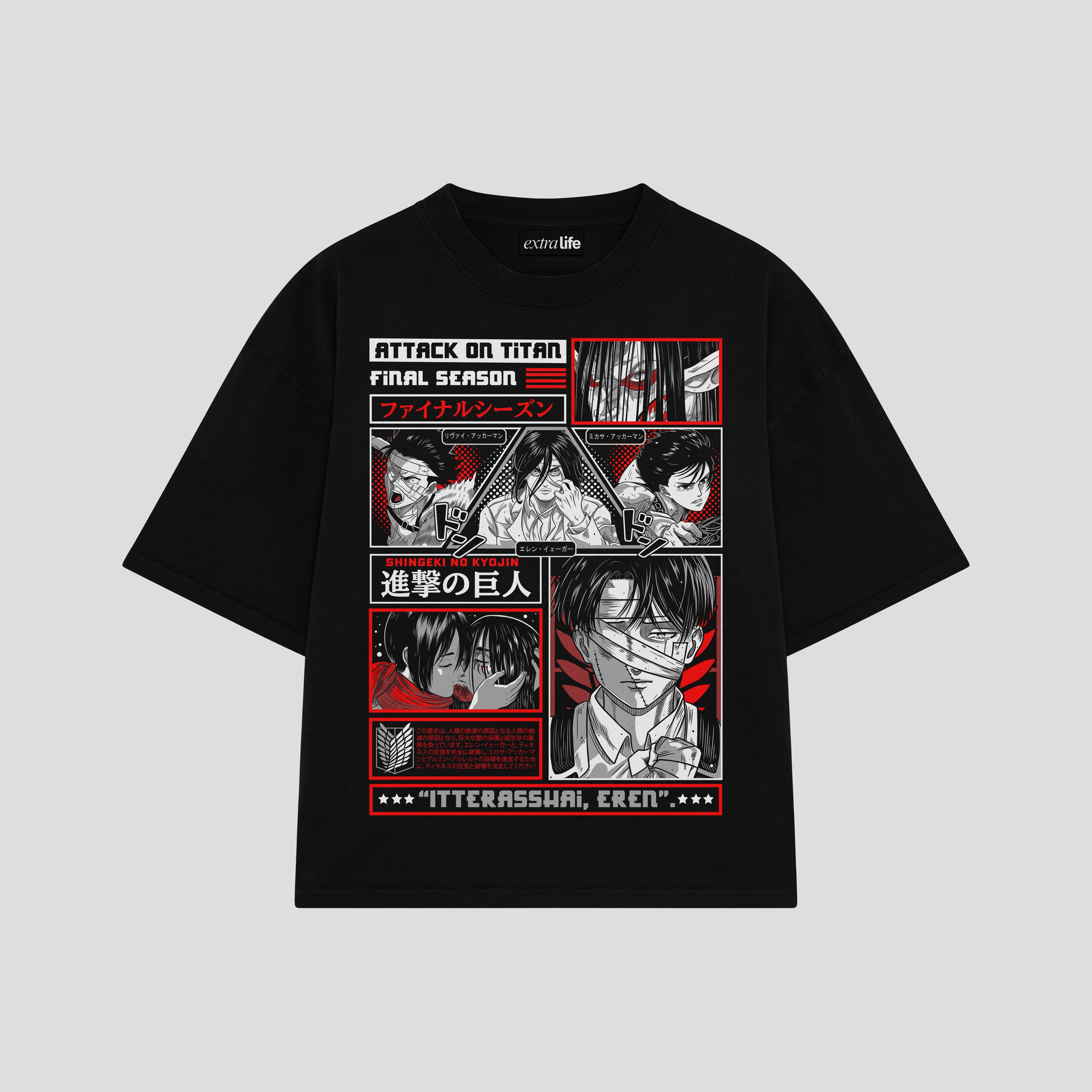 Playera streetwear premium de anime y gaming ExtraLife MX, corte boxy oversized drop shoulder heavyweight en color Deep Black y Off-White, moda urbana mexicana de culto.