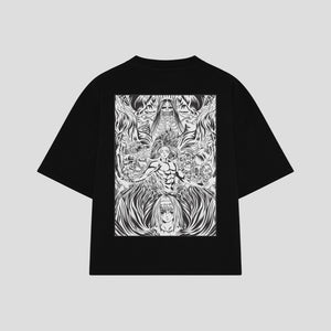 Playera streetwear premium de anime y gaming ExtraLife MX, corte boxy oversized drop shoulder heavyweight en color Deep Black y Off-White, moda urbana mexicana de culto.