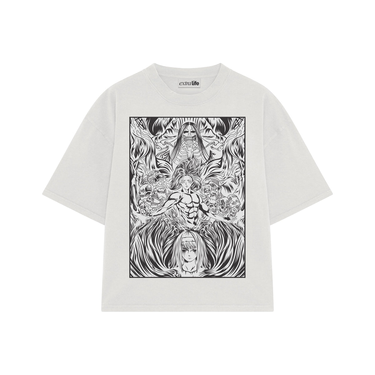 Playera streetwear premium de anime y gaming ExtraLife MX, corte oversized drop shoulder ligero y fresco en color Deep Black y Off-White, moda urbana mexicana de culto.