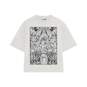 Playera streetwear premium de anime y gaming ExtraLife MX, corte boxy oversized drop shoulder heavyweight en color Deep Black y Off-White, moda urbana mexicana de culto.