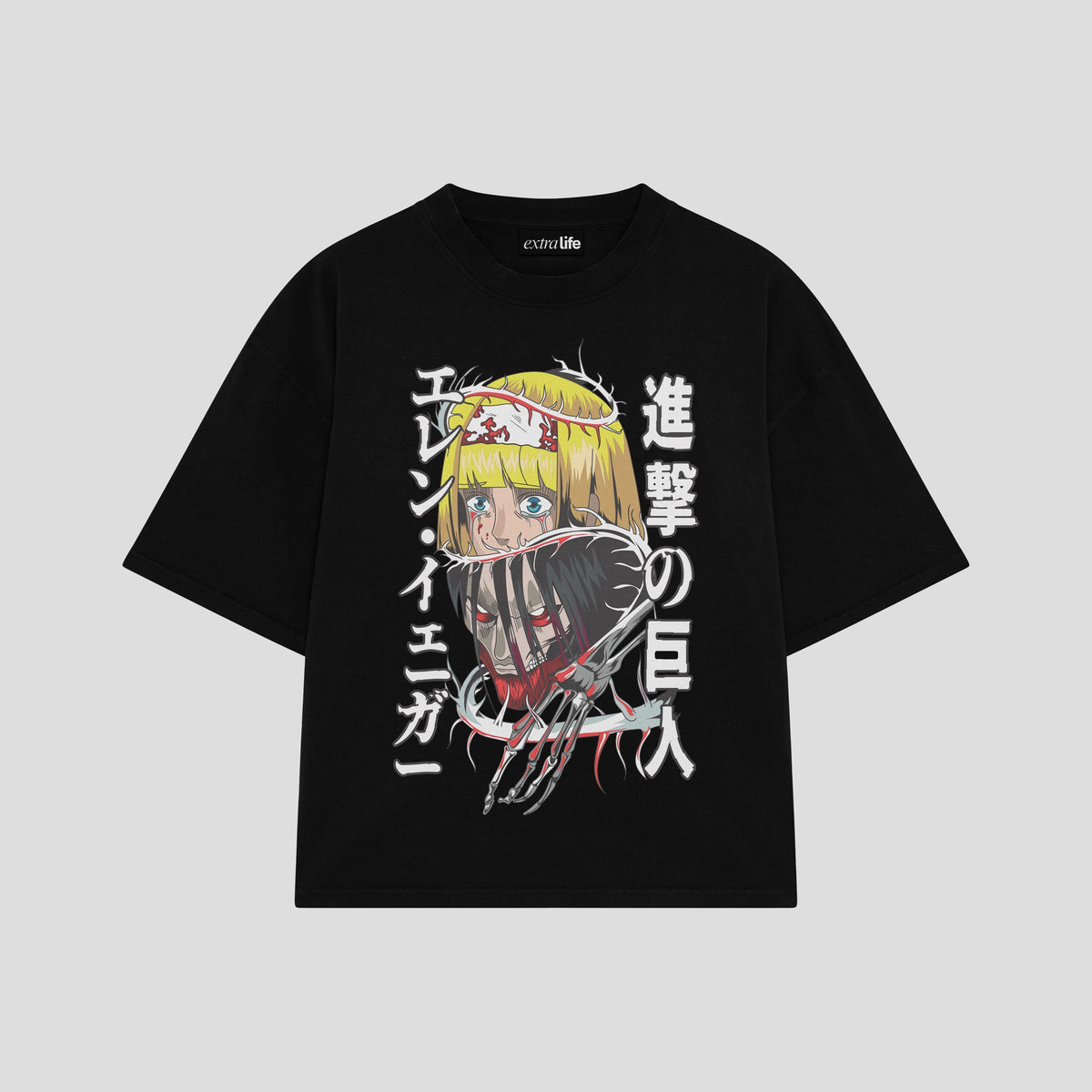 Playera streetwear premium de anime y gaming ExtraLife MX, corte oversized drop shoulder ligero y fresco en color Deep Black y Off-White, moda urbana mexicana de culto.