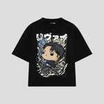 Playera streetwear premium de anime y gaming ExtraLife MX, corte boxy oversized drop shoulder heavyweight en color Deep Black y Off-White, moda urbana mexicana de culto.