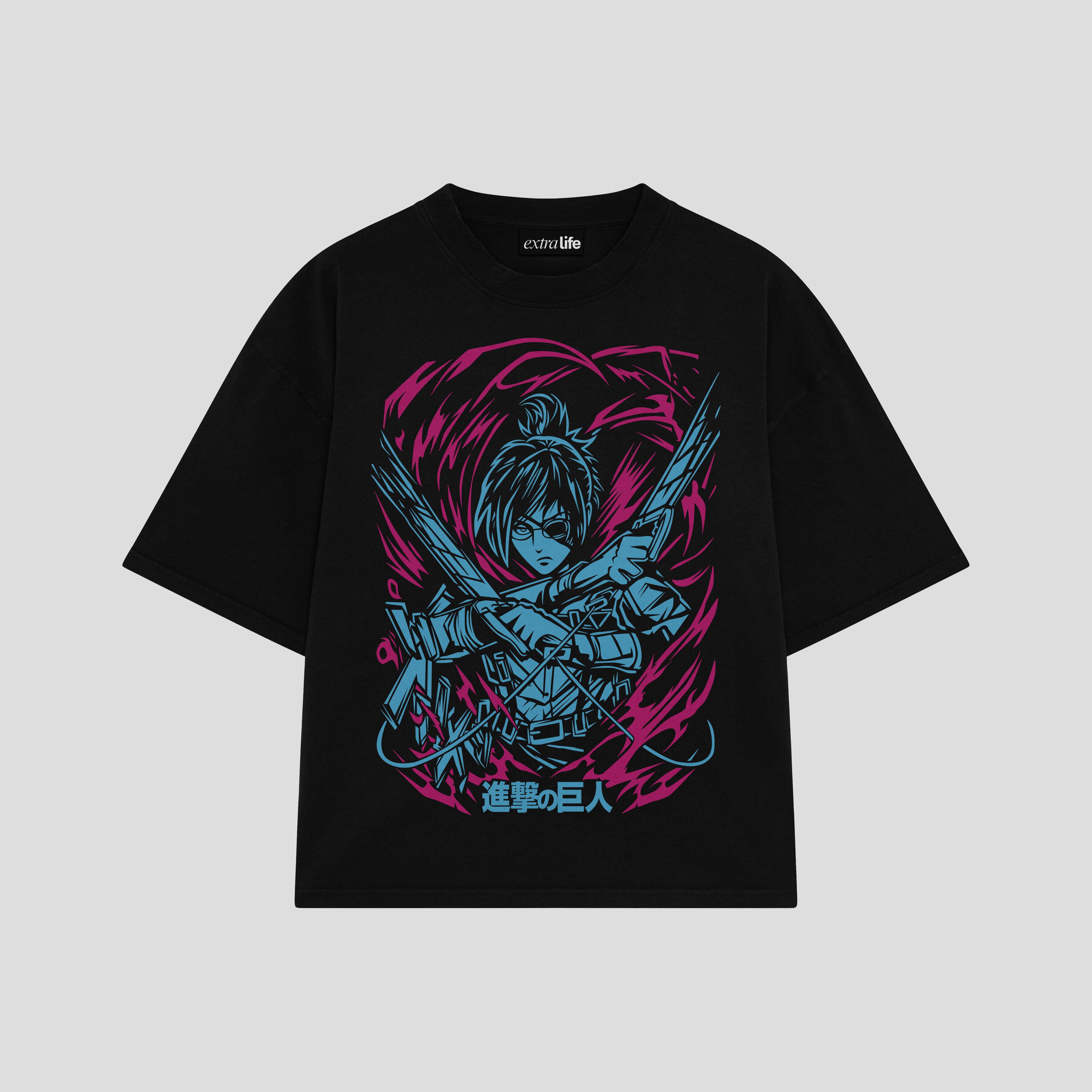 Playera streetwear premium de anime y gaming ExtraLife MX, corte boxy oversized drop shoulder heavyweight en color Deep Black y Off-White, moda urbana mexicana de culto.