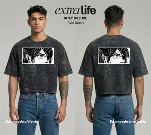 Playera streetwear premium de anime y gaming ExtraLife MX, corte boxy deluxe mineral wash heavyweight en color Acid Wash, moda urbana mexicana de culto.