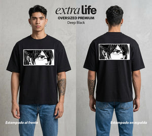 Mas Alla del Muro | La Ciencia del Frente #00103 - Playera Oversized Premium | Deep Black - Foto en modelo