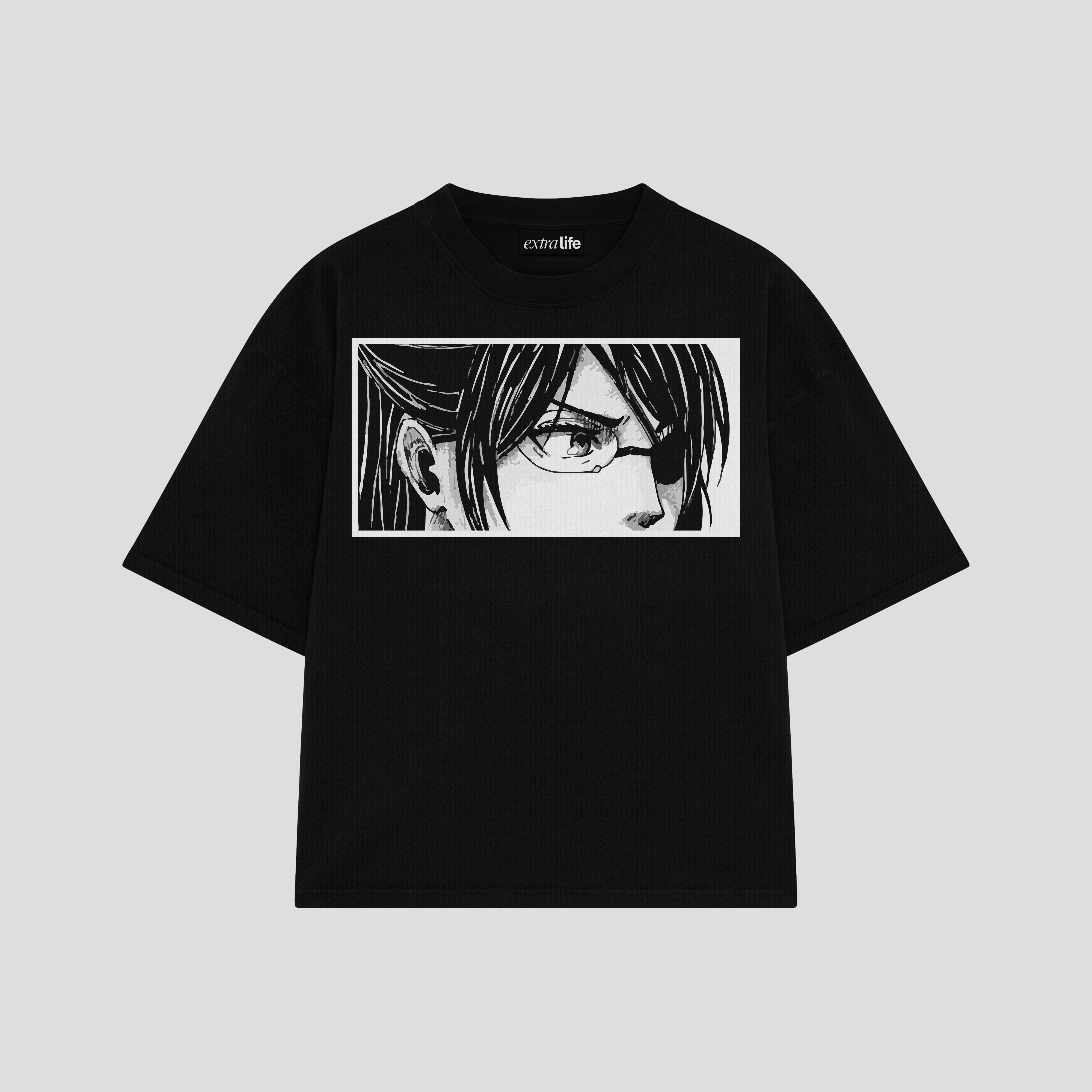 Playera streetwear premium de anime y gaming ExtraLife MX, corte boxy oversized drop shoulder heavyweight en color Deep Black y Off-White, moda urbana mexicana de culto.