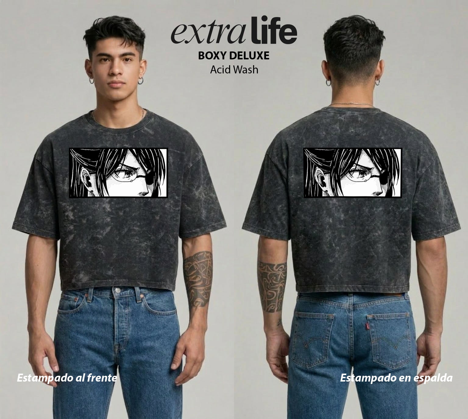 Playera streetwear premium de anime y gaming ExtraLife MX, corte boxy deluxe mineral wash heavyweight en color Acid Wash, moda urbana mexicana de culto.