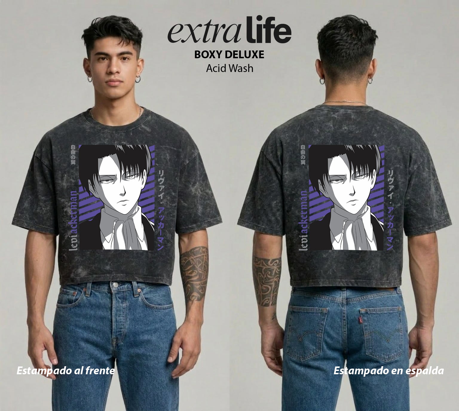 Playera streetwear premium de anime y gaming ExtraLife MX, corte boxy deluxe mineral wash heavyweight en color Acid Wash, moda urbana mexicana de culto.