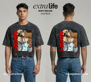 Playera streetwear premium de anime y gaming ExtraLife MX, corte boxy deluxe mineral wash heavyweight en color Acid Wash, moda urbana mexicana de culto.