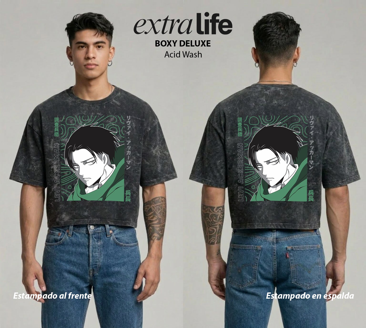 Playera streetwear premium de anime y gaming ExtraLife MX, corte boxy deluxe mineral wash heavyweight en color Acid Wash, moda urbana mexicana de culto.