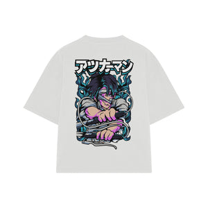 Playera streetwear premium de anime y gaming ExtraLife MX, corte boxy oversized drop shoulder heavyweight en color Deep Black y Off-White, moda urbana mexicana de culto.