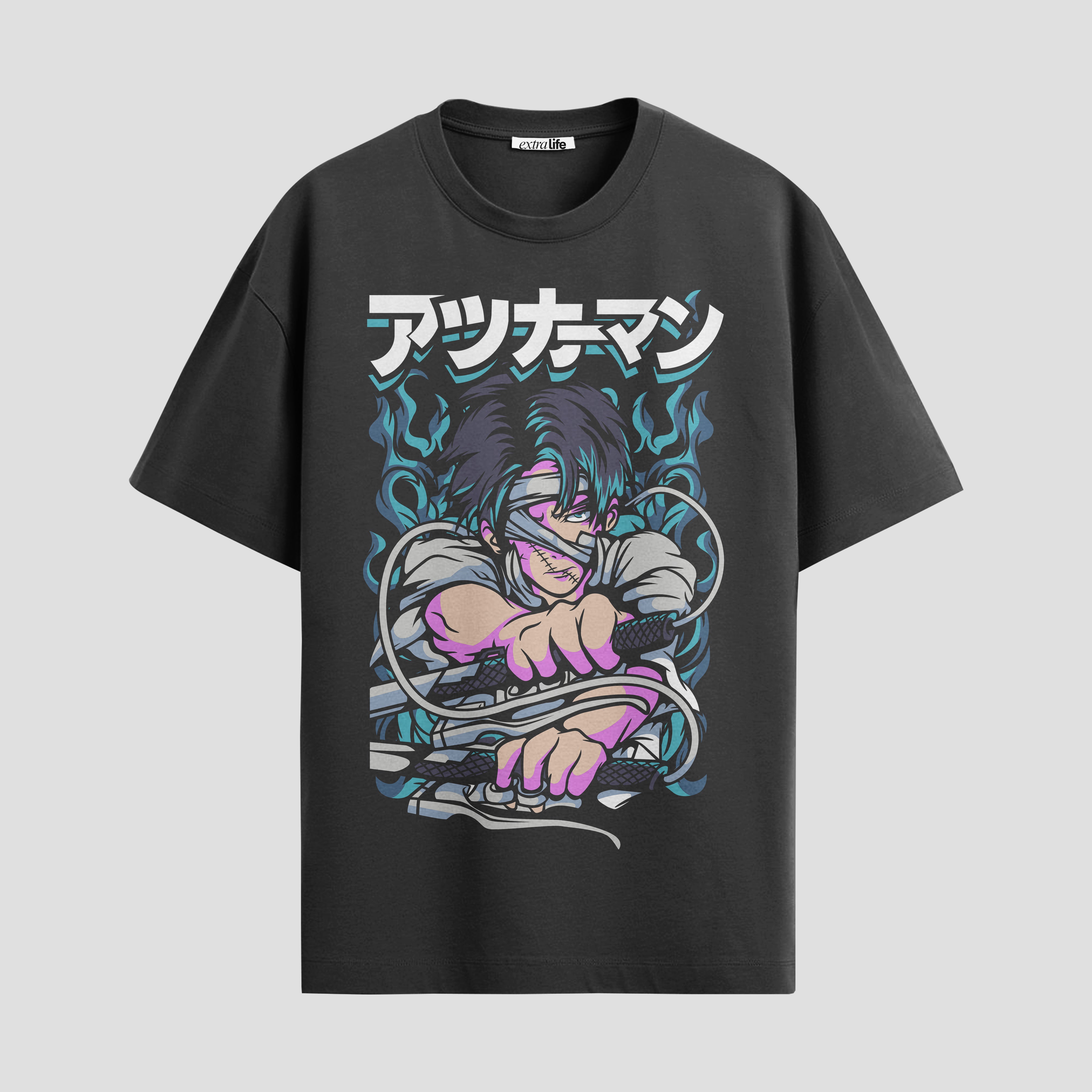 Playera urbana de anime y gaming ExtraLife MX, corte Standard Fit unisex ligero y transpirable en color Deep Black y Pure White, ropa de uso diario para gym y casual.