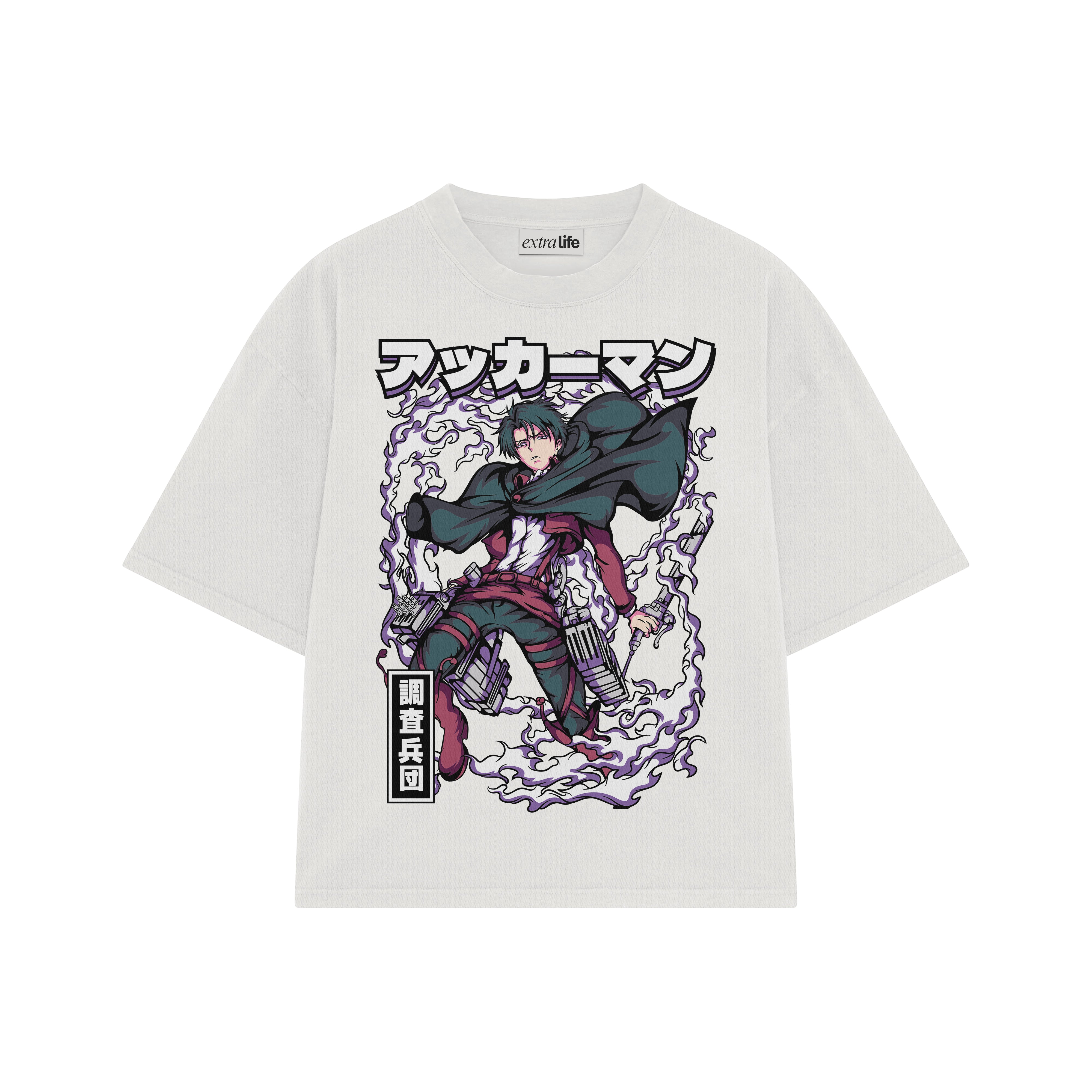 Playera streetwear premium de anime y gaming ExtraLife MX, corte boxy oversized drop shoulder heavyweight en color Deep Black y Off-White, moda urbana mexicana de culto.