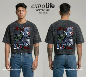 Playera streetwear premium de anime y gaming ExtraLife MX, corte boxy deluxe mineral wash heavyweight en color Acid Wash, moda urbana mexicana de culto.