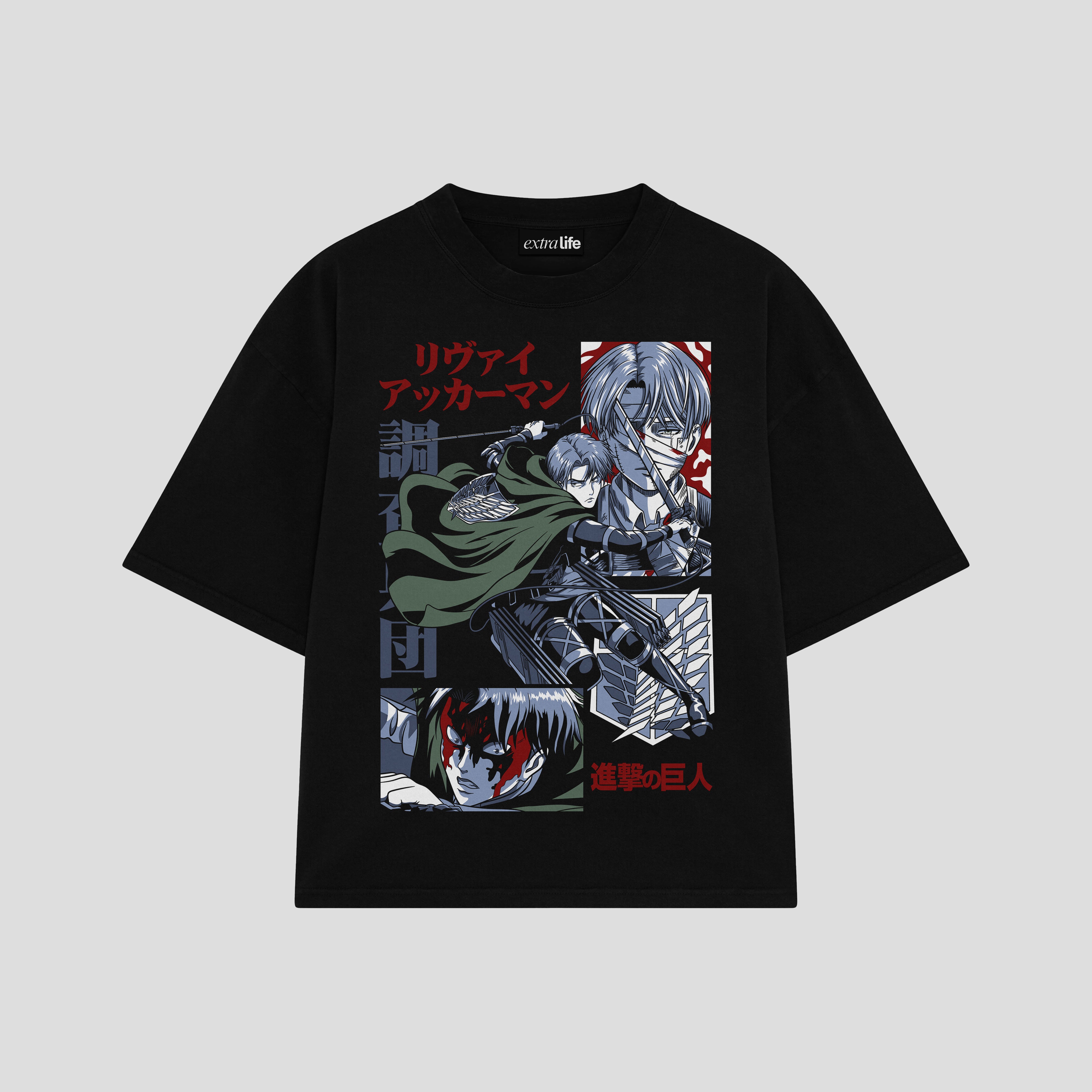 Playera streetwear premium de anime y gaming ExtraLife MX, corte boxy oversized drop shoulder heavyweight en color Deep Black y Off-White, moda urbana mexicana de culto.