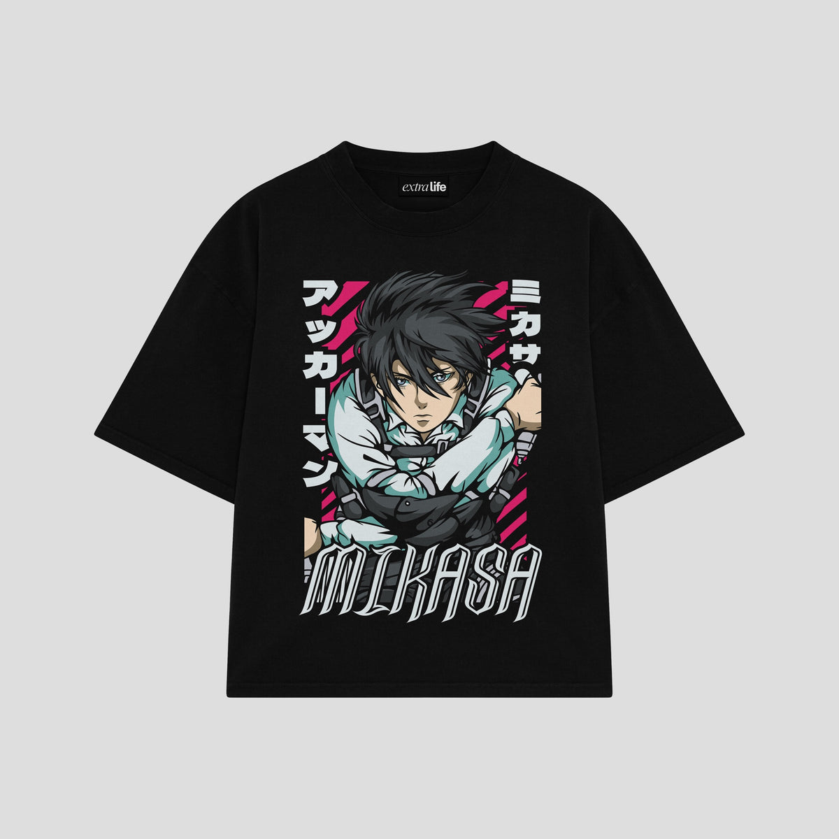Playera streetwear premium de anime y gaming ExtraLife MX, corte oversized drop shoulder ligero y fresco en color Deep Black y Off-White, moda urbana mexicana de culto.