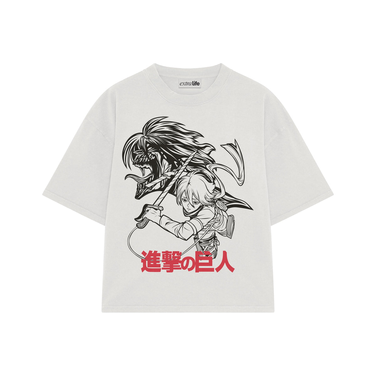 Playera streetwear premium de anime y gaming ExtraLife MX, corte oversized drop shoulder ligero y fresco en color Deep Black y Off-White, moda urbana mexicana de culto.