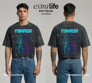 Playera streetwear premium de anime y gaming ExtraLife MX, corte boxy deluxe mineral wash heavyweight en color Acid Wash, moda urbana mexicana de culto.