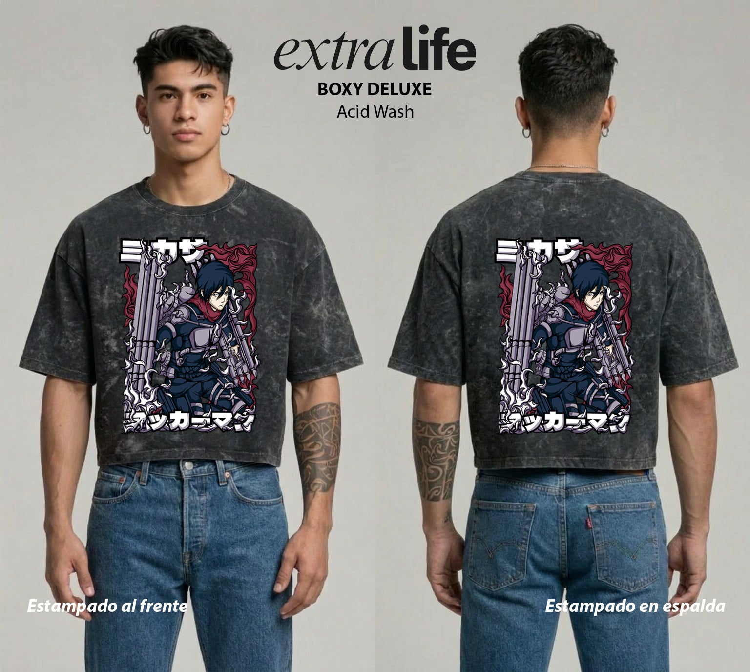 Playera streetwear premium de anime y gaming ExtraLife MX, corte boxy deluxe mineral wash heavyweight en color Acid Wash, moda urbana mexicana de culto.