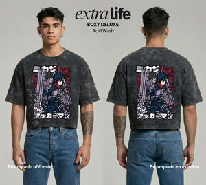 Playera streetwear premium de anime y gaming ExtraLife MX, corte boxy deluxe mineral wash heavyweight en color Acid Wash, moda urbana mexicana de culto.