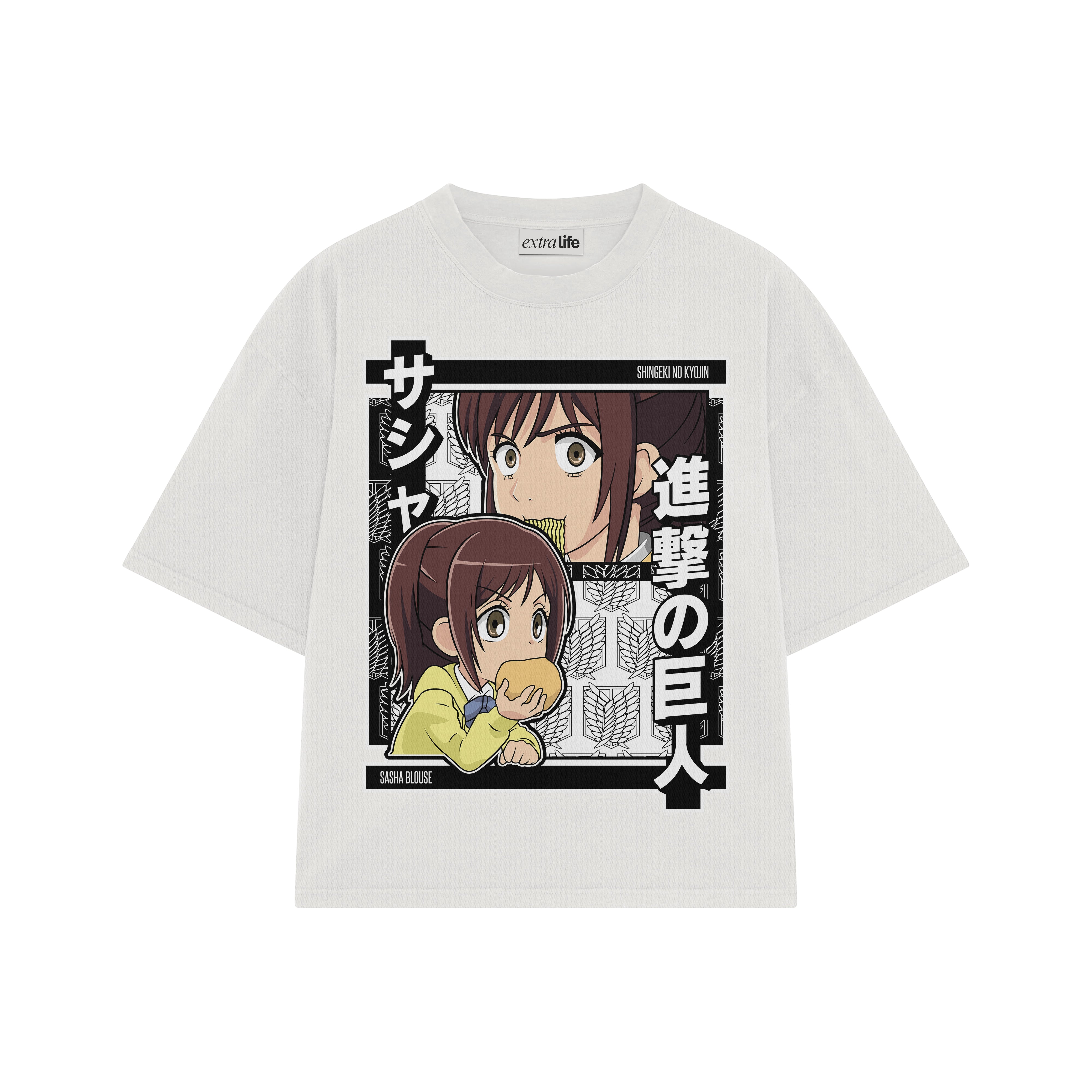 Playera streetwear premium de anime y gaming ExtraLife MX, corte boxy oversized drop shoulder heavyweight en color Deep Black y Off-White, moda urbana mexicana de culto.