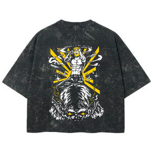 Playera streetwear premium de anime y gaming ExtraLife MX, corte boxy deluxe mineral wash heavyweight en color Acid Wash, moda urbana mexicana de culto.