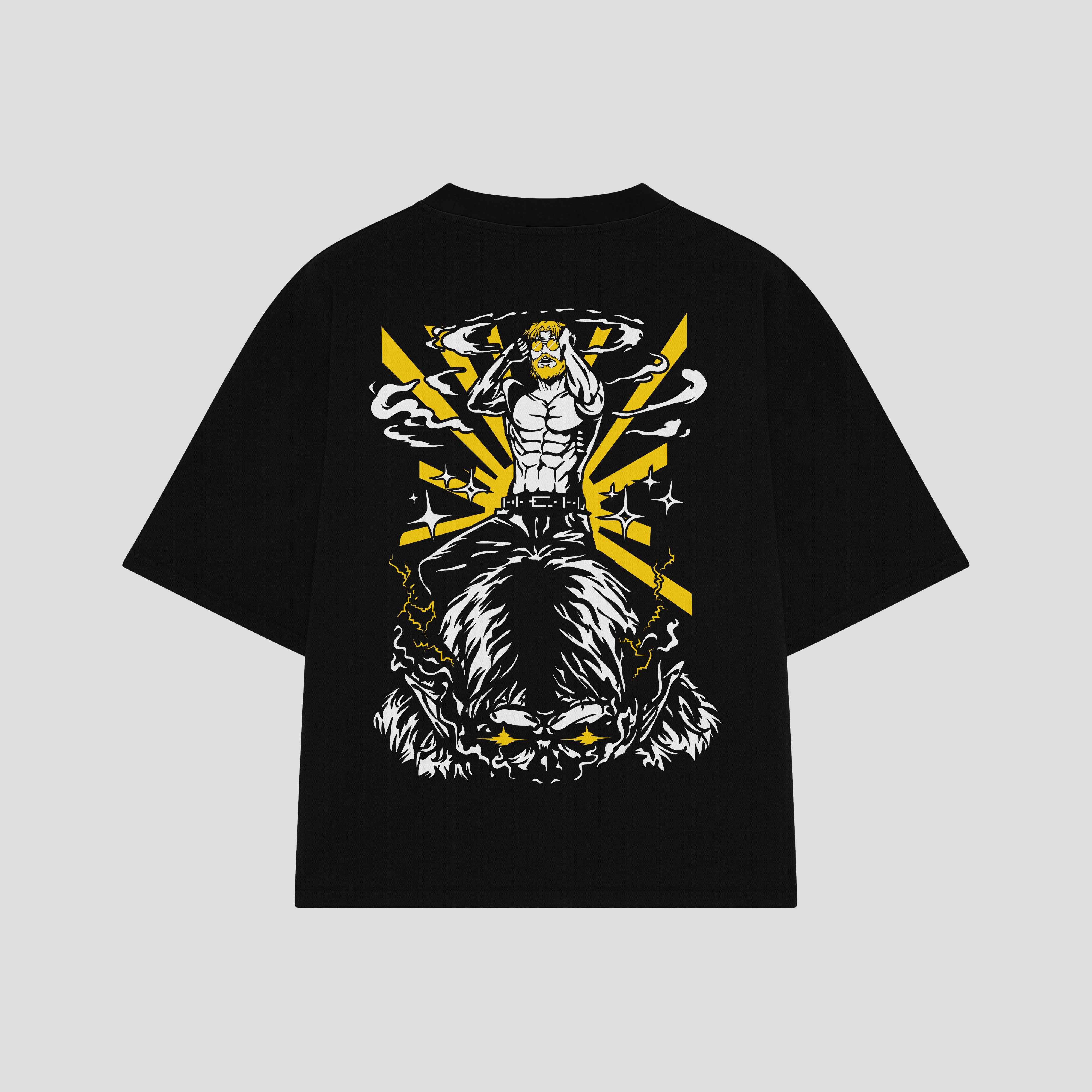 Playera streetwear premium de anime y gaming ExtraLife MX, corte boxy oversized drop shoulder heavyweight en color Deep Black y Off-White, moda urbana mexicana de culto.