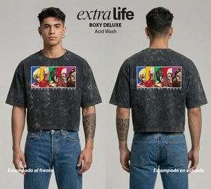 Playera streetwear premium de anime y gaming ExtraLife MX, corte boxy deluxe mineral wash heavyweight en color Acid Wash, moda urbana mexicana de culto.