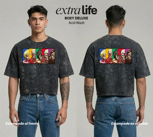 Playera streetwear premium de anime y gaming ExtraLife MX, corte boxy deluxe mineral wash heavyweight en color Acid Wash, moda urbana mexicana de culto.