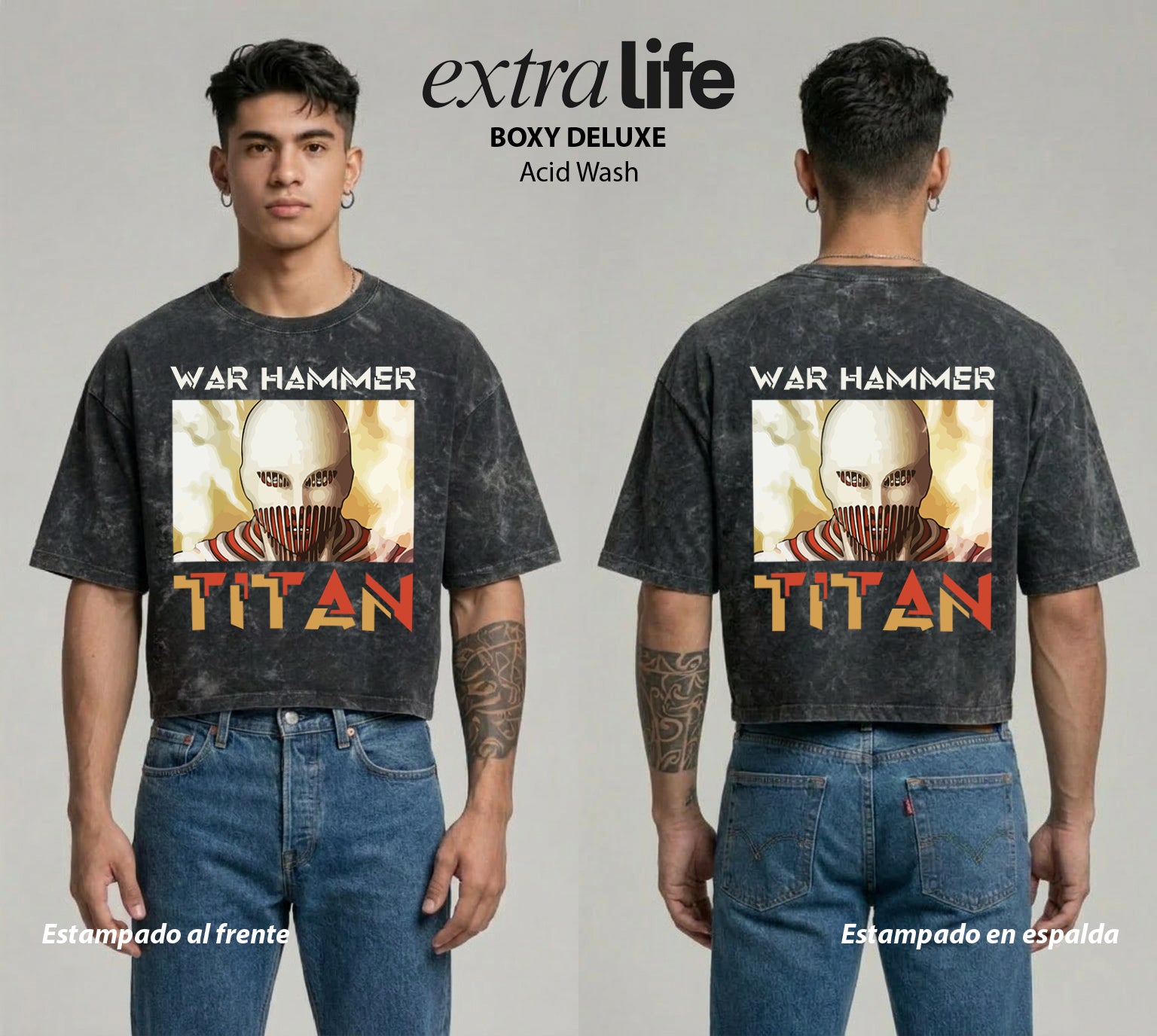 Playera streetwear premium de anime y gaming ExtraLife MX, corte boxy deluxe mineral wash heavyweight en color Acid Wash, moda urbana mexicana de culto.