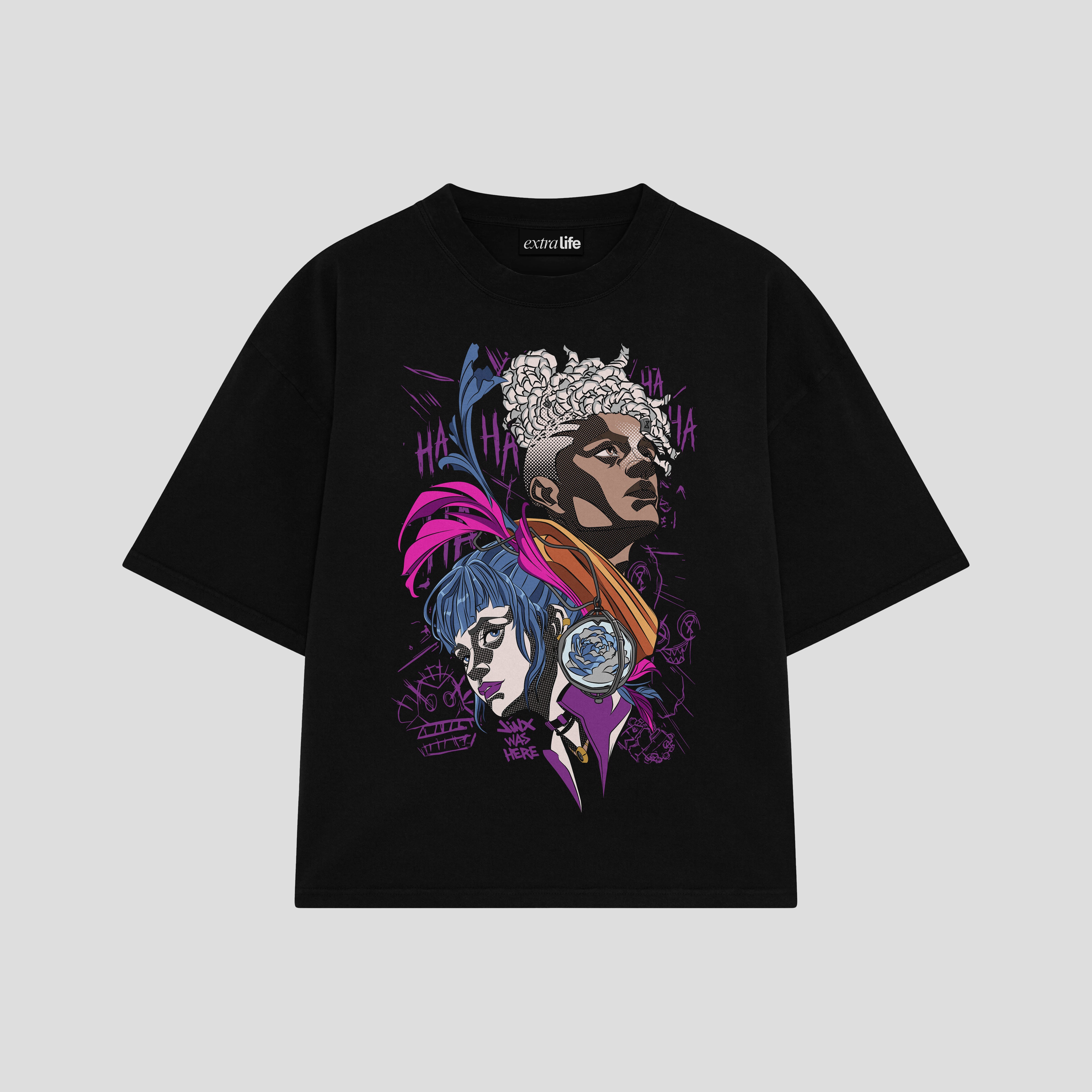 Playera streetwear premium de anime y gaming ExtraLife MX, corte boxy oversized drop shoulder heavyweight en color Deep Black y Off-White, moda urbana mexicana de culto.