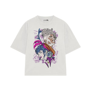 Playera streetwear premium de anime y gaming ExtraLife MX, corte boxy oversized drop shoulder heavyweight en color Deep Black y Off-White, moda urbana mexicana de culto.