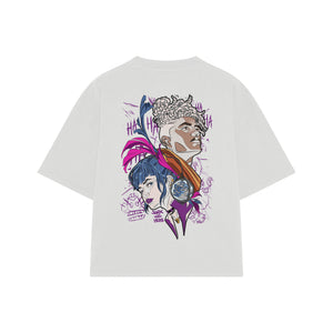 Playera streetwear premium de anime y gaming ExtraLife MX, corte boxy oversized drop shoulder heavyweight en color Deep Black y Off-White, moda urbana mexicana de culto.