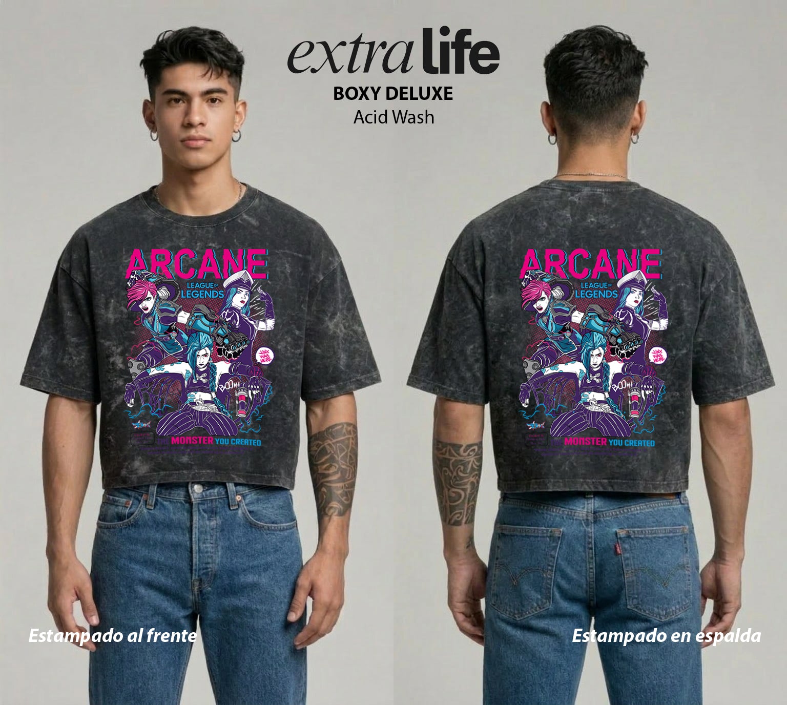 Playera streetwear premium de anime y gaming ExtraLife MX, corte boxy deluxe mineral wash heavyweight en color Acid Wash, moda urbana mexicana de culto.