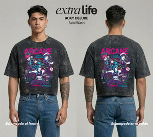 Playera streetwear premium de anime y gaming ExtraLife MX, corte boxy deluxe mineral wash heavyweight en color Acid Wash, moda urbana mexicana de culto.