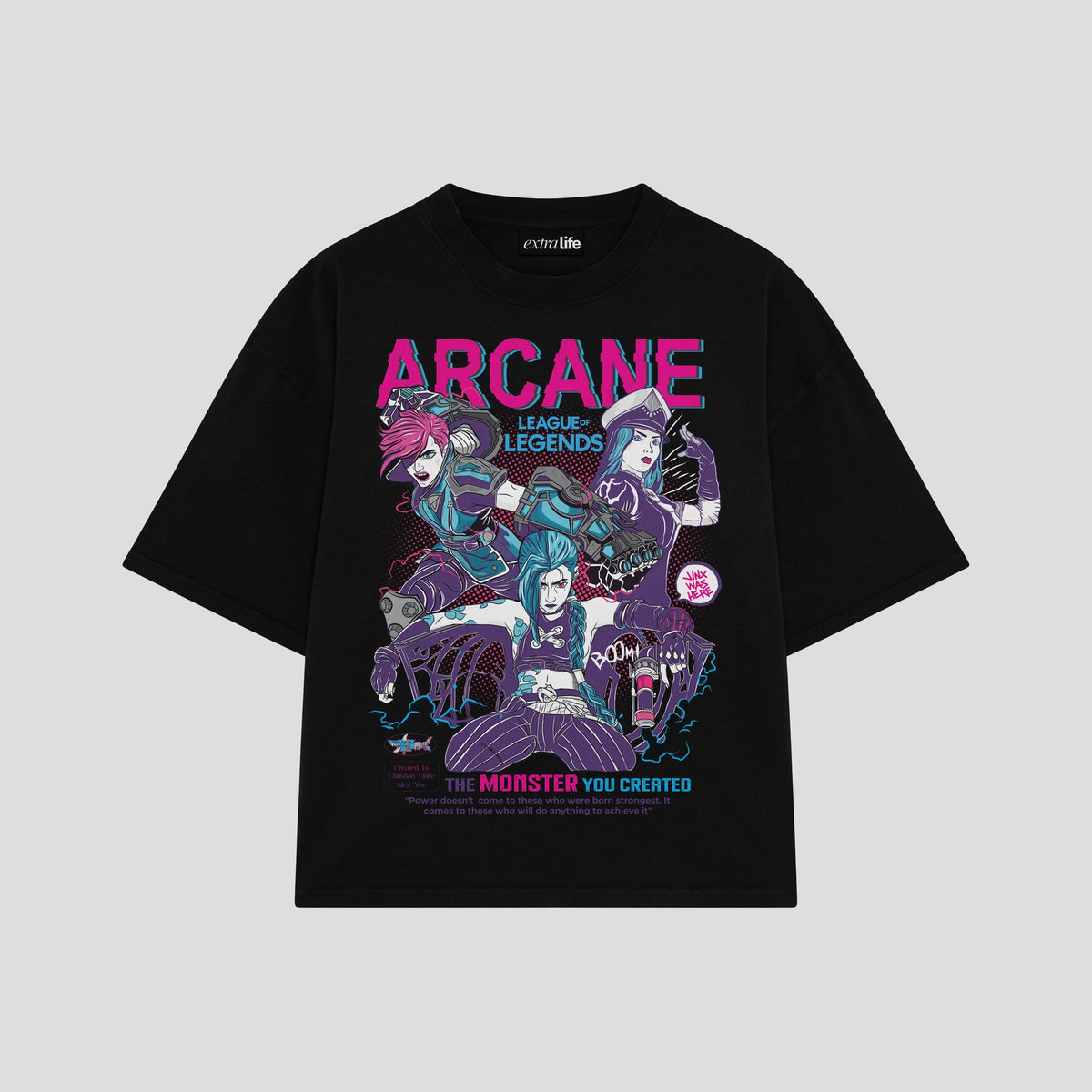Playera streetwear premium de anime y gaming ExtraLife MX, corte oversized drop shoulder ligero y fresco en color Deep Black y Off-White, moda urbana mexicana de culto.