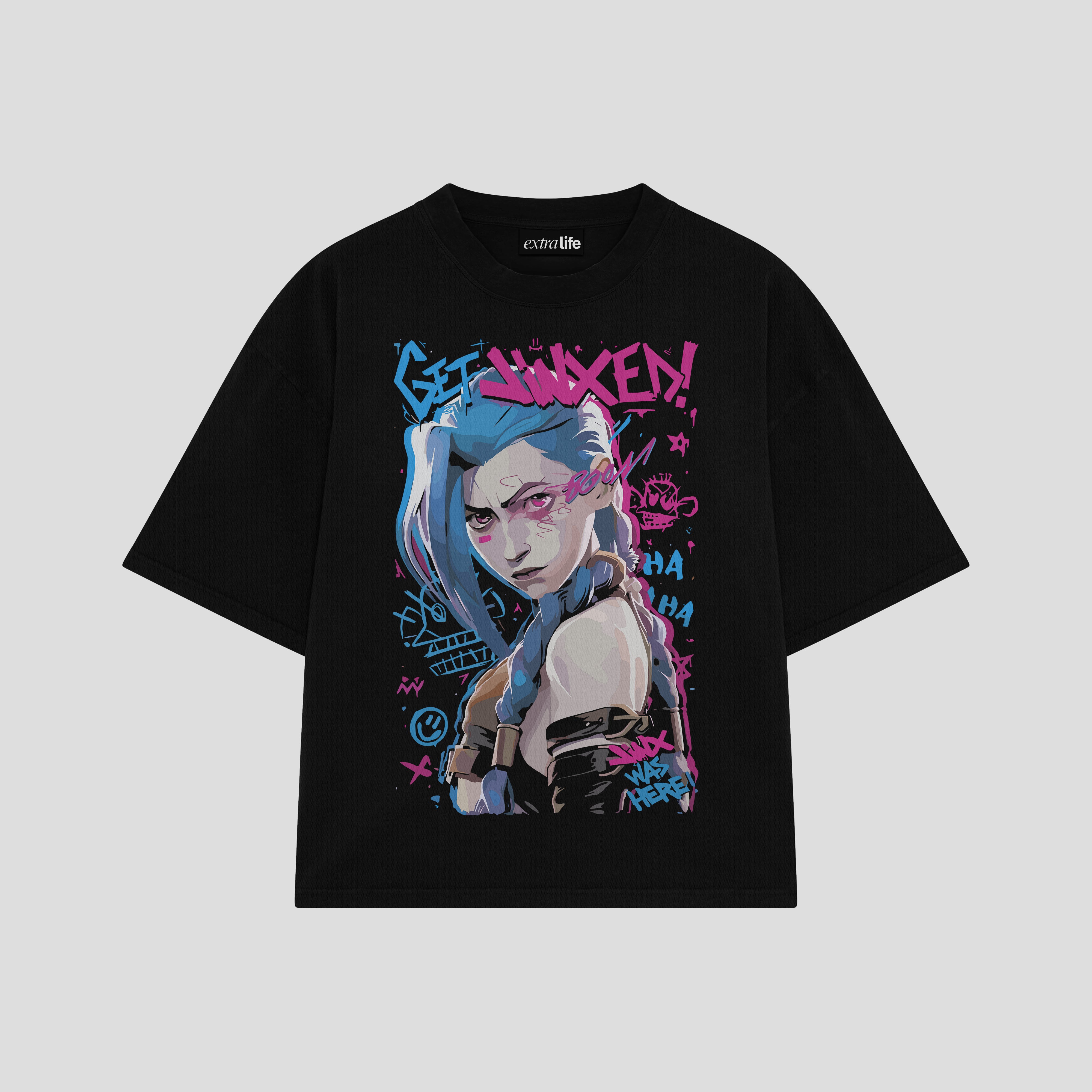 Playera streetwear premium de anime y gaming ExtraLife MX, corte boxy oversized drop shoulder heavyweight en color Deep Black y Off-White, moda urbana mexicana de culto.