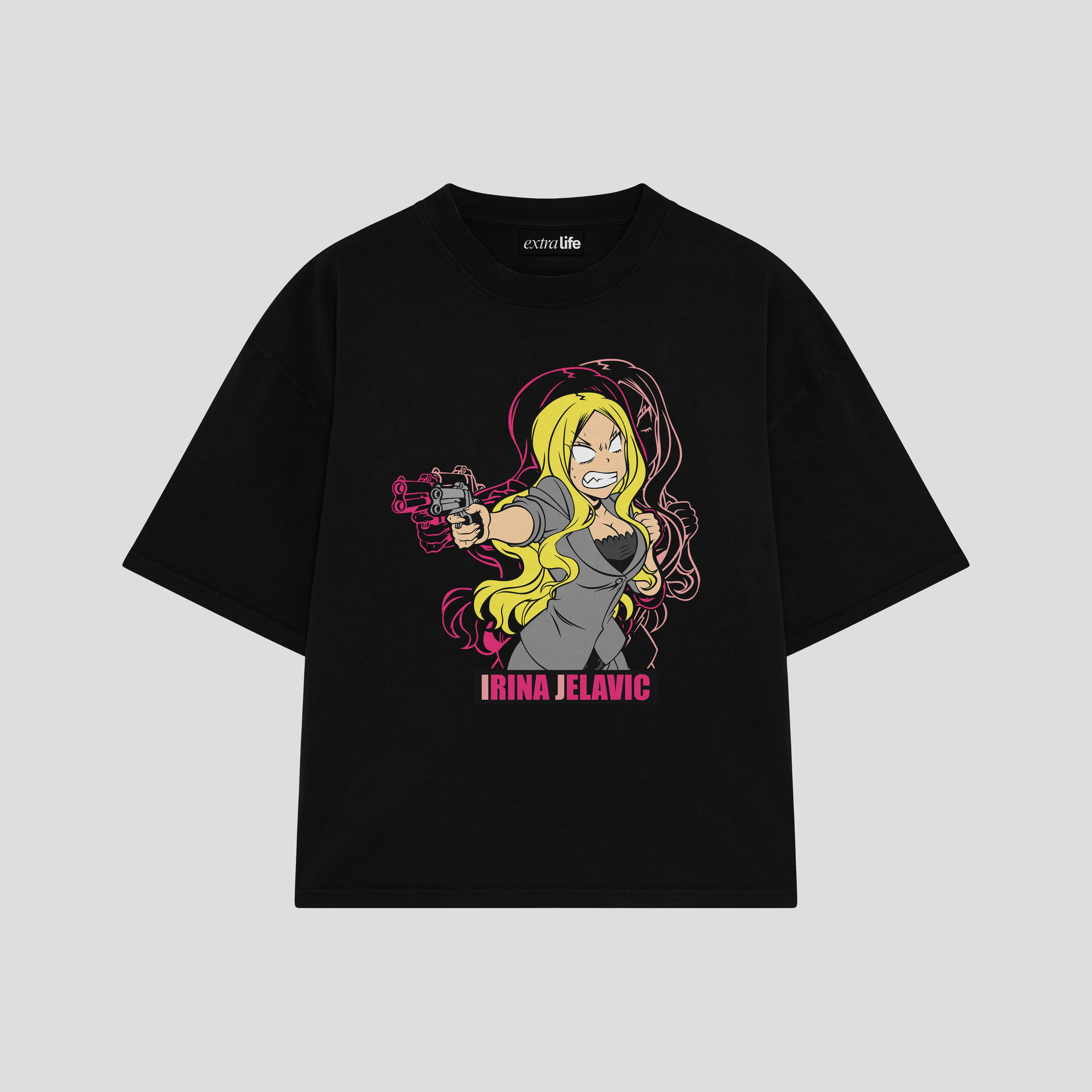 Playera streetwear premium de anime y gaming ExtraLife MX, corte boxy oversized drop shoulder heavyweight en color Deep Black y Off-White, moda urbana mexicana de culto.
