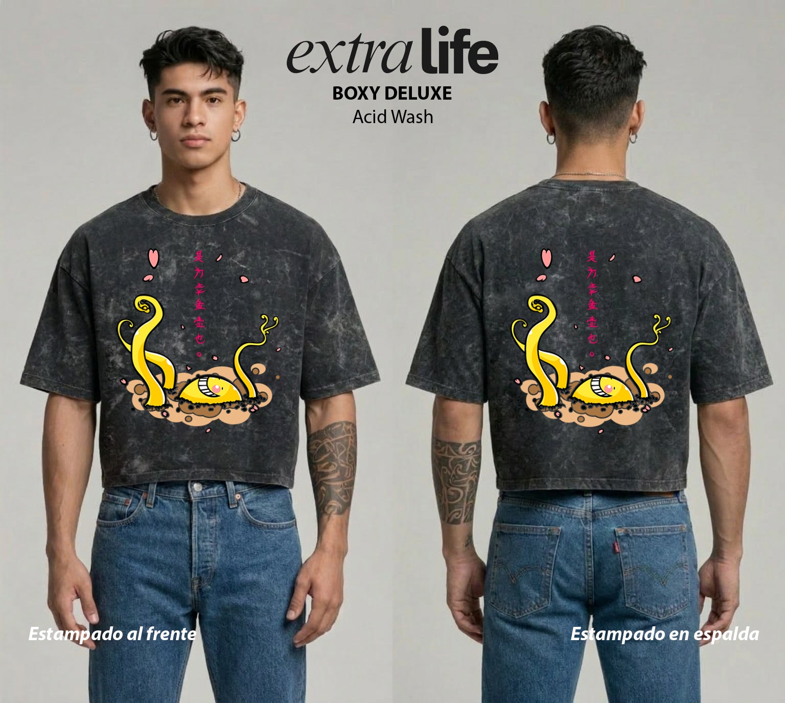 Playera streetwear premium de anime y gaming ExtraLife MX, corte boxy deluxe mineral wash heavyweight en color Acid Wash, moda urbana mexicana de culto.