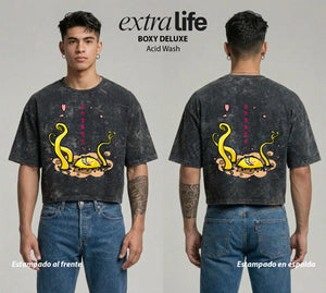 Playera streetwear premium de anime y gaming ExtraLife MX, corte boxy deluxe mineral wash heavyweight en color Acid Wash, moda urbana mexicana de culto.