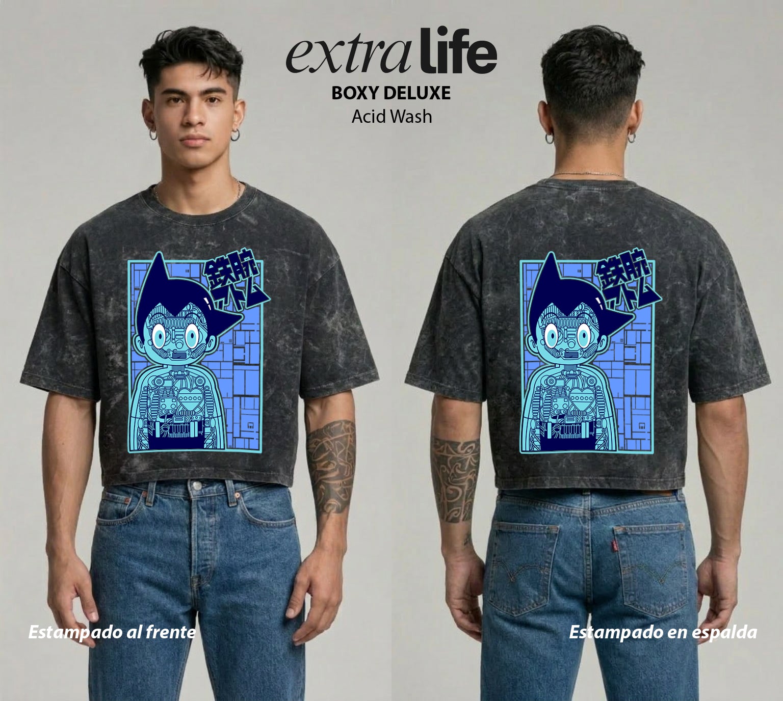 Playera streetwear premium de anime y gaming ExtraLife MX, corte boxy deluxe mineral wash heavyweight en color Acid Wash, moda urbana mexicana de culto.