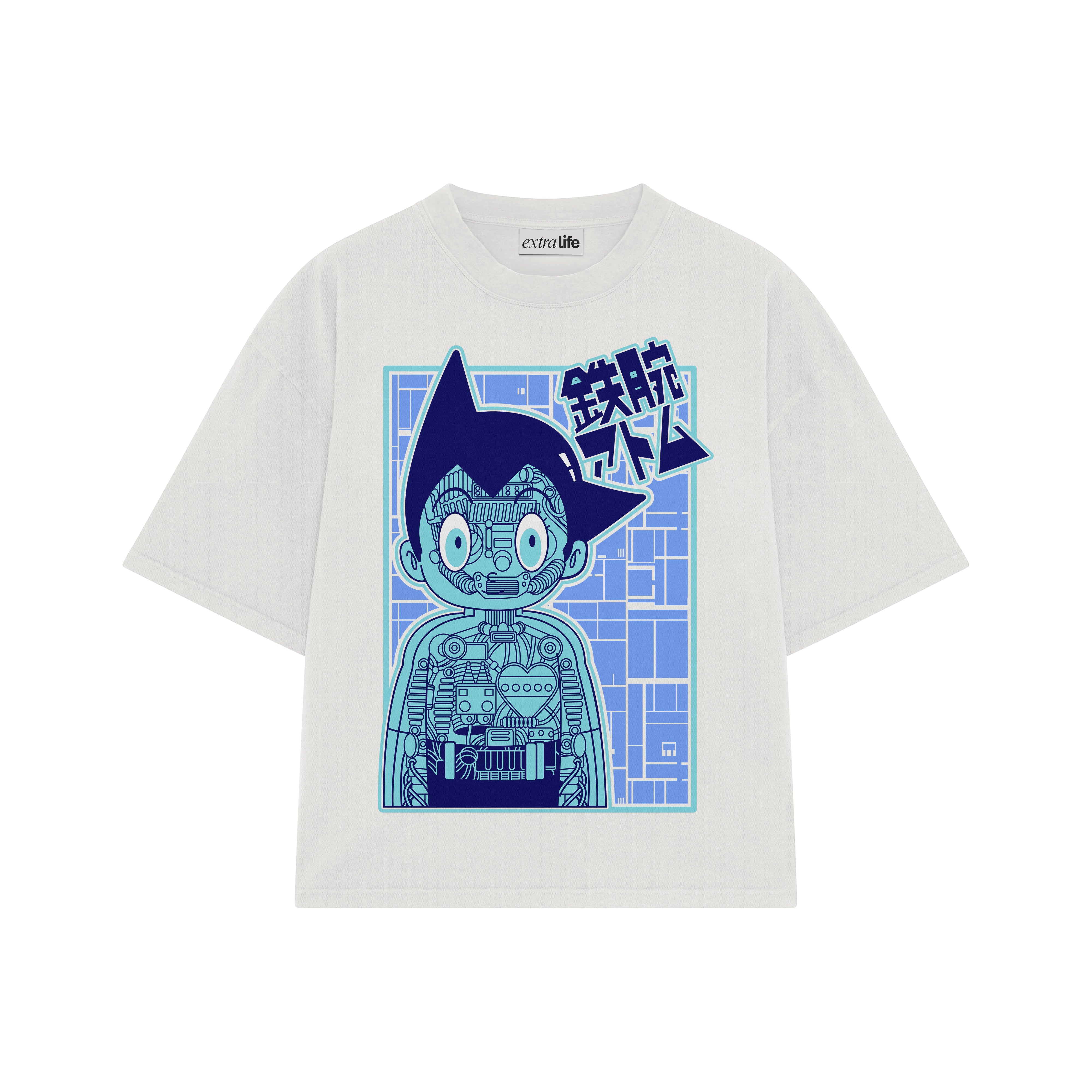 Playera streetwear premium de anime y gaming ExtraLife MX, corte boxy oversized drop shoulder heavyweight en color Deep Black y Off-White, moda urbana mexicana de culto.