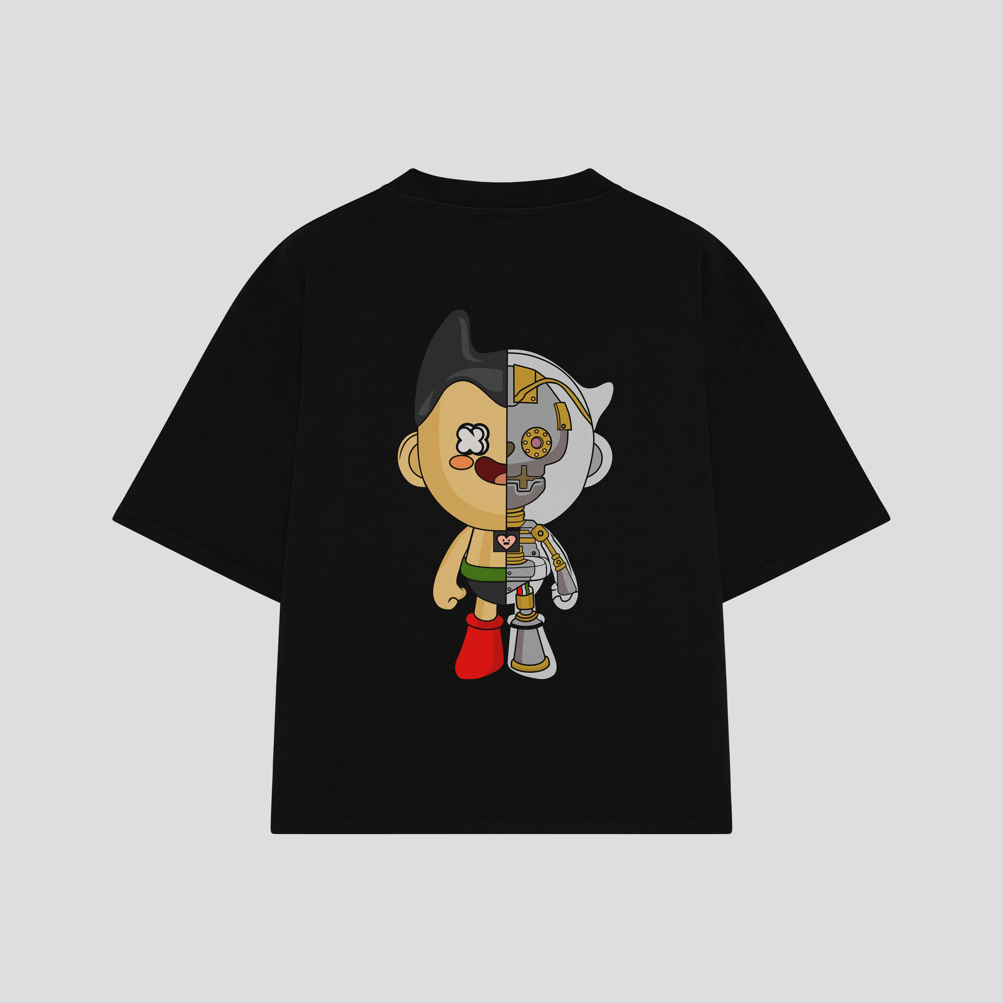 Playera streetwear premium de anime y gaming ExtraLife MX, corte boxy oversized drop shoulder heavyweight en color Deep Black y Off-White, moda urbana mexicana de culto.