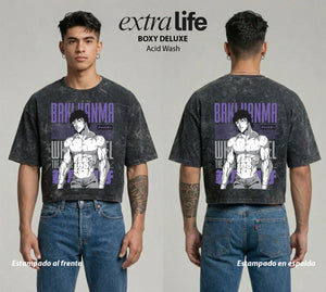 Playera streetwear premium de anime y gaming ExtraLife MX, corte boxy deluxe mineral wash heavyweight en color Acid Wash, moda urbana mexicana de culto.